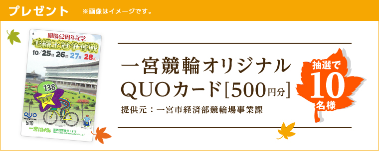 プレゼント ※画像はイメージです。 一宮競輪オリジナルQUOカード(500円分) 10名様 提供元:一宮市経済部競輪場事業課