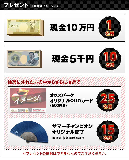 プレゼント ※画像はイメージです。 現金10万円 1名 現金5千円 10名 抽選に外れた方の中からさらに抽選で オッズパークオリジナルQUOカード(500円分) 25名様 サマーチャンピオンオリジナル扇子 15名様 提供元:佐賀県競馬組合 ※プレゼントの選択はできませんのでご了承ください。