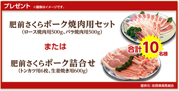 プレゼント ※画像はイメージです。 肥前さくらポーク焼肉用セット(ロース焼肉用500g、バラ焼肉用500g) または 肥前さくらポーク詰合せ(トンカツ用6枚、生姜焼き用600g) 合計10名様(提供元:佐賀県競馬組合)