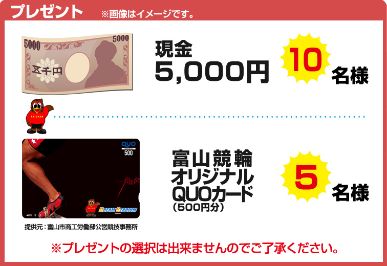 現金5,000円を10名様、富山競輪オリジナルQUOカード(500円分)を5名様にプレゼント致します。