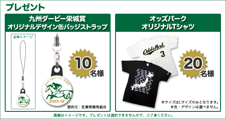 プレゼント 九州ダービー栄城賞オリジナルデザイン缶バッジストラップ 10名様 提供元:佐賀県競馬組合 オッズパークオリジナルTシャツ 20名様 ※サイズはLサイズのみとなります。色・デザインは選べません。 画像はイメージです。プレゼントは選択できませんので、ご了承ください。