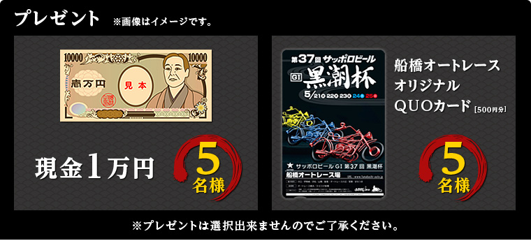 プレゼント ※画像はイメージです。 現金1万円 5名様 船橋オートレースオリジナルQUOカード(500円分)5名様 ※プレゼントは選択できませんので、ご了承ください。