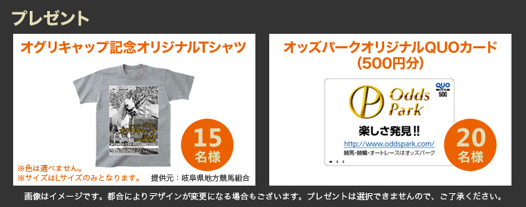 プレゼント オグリキャップ記念オリジナルTシャツ 15名様 ※色は選べません。※サイズはLサイズのみとなります。 提供元:岐阜県地方競馬組合 オッズパークオリジナルQUOカード(500円分) 20名様 画像はイメージです。都合によりデザインが変更になる場合もございます。プレゼントは選択できませんので、ご了承ください。