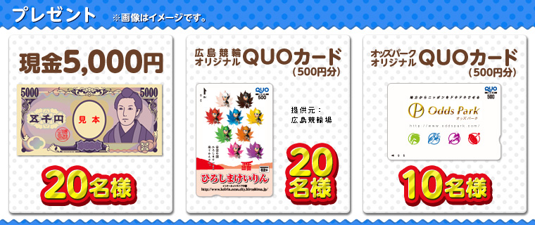 プレゼント ※画像はイメージです。 現金5,000円 20名様 広島競輪オリジナルQUOカード(500円分)20名様 提供元:広島競輪場 オッズパークオリジナルQUOカード(500円分)10名様