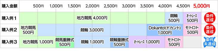 購入例1:地方競馬4,000円+競輪500円+オートレース500円=5,000円 ◎条件達成、購入例2:地方競馬500円+競輪3,000円+Dokanto!(ドカント)1,000円+モトロト500円=5,000円 ◎条件達成、購入例3:地方競馬1,000円+地方競馬重勝式500円+競輪1,000円+競輪重勝式500円+オートレース1,000円+モトロト500円=4,500円 ◎条件未達成