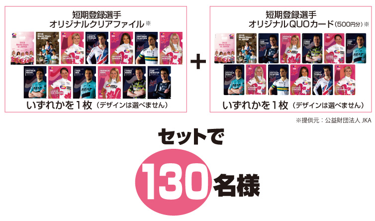 短期登録選手オリジナルクリアファイル※のいずれかを1枚(デザインは選べません) 短期登録選手オリジナルQUOカード(500円分)※のいずれかを1枚(デザインは選べません)セットで130名様 ※提供元:公益財団法人JKA
