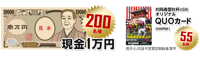現金1万円 200名様　共同通信社杯（GII）オリジナルQUOカード（500円分） 55名様　武雄市営業部競輪事業所