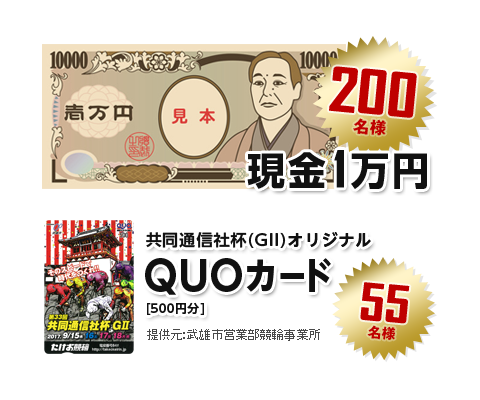 現金1万円 200名様　共同通信社杯（GII）オリジナルQUOカード（500円分） 55名様　武雄市営業部競輪事業所
