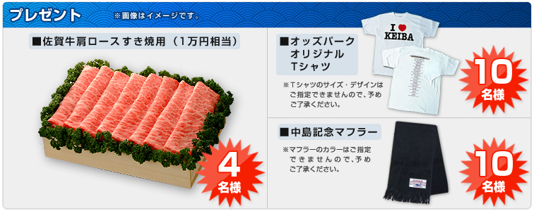 佐賀牛肩ロースすき焼き用(1万円相当)、オッズパークオリジナルTシャツ、中島記念マフラー