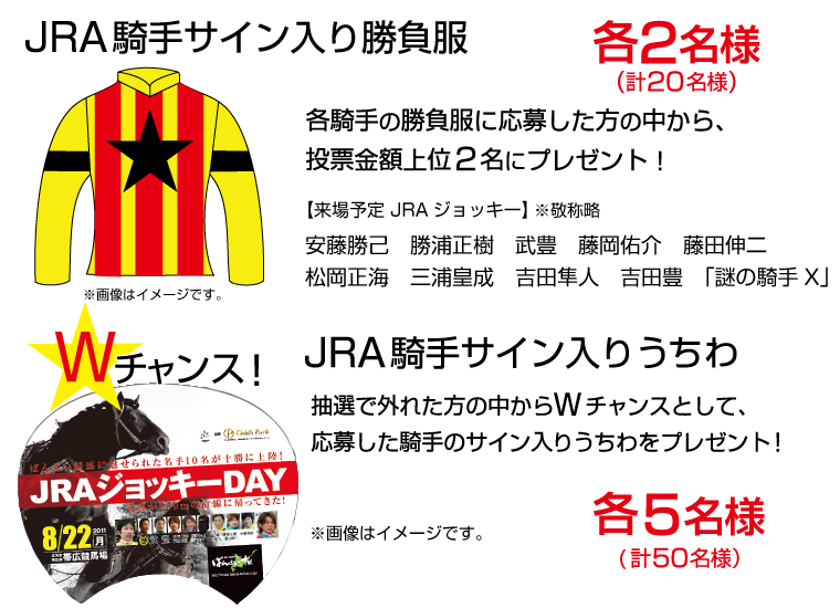 JRA騎手サイン入り勝負服 各2名様(計20名)Wチャンス JRA騎手サイン入りうちわ 各5名様(計50名様)