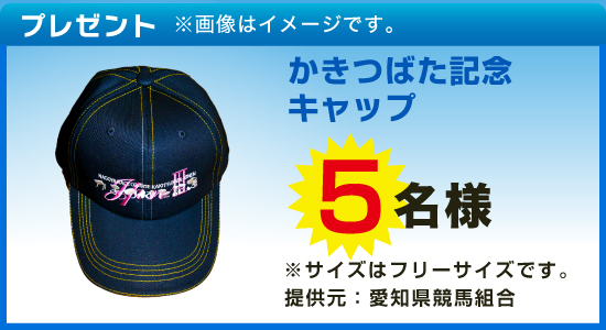 プレゼント ※画像はイメージです。 かきつばた記念キャップ 5名様 ※サイズはフリーサイズです。提供元:愛知県競馬組合