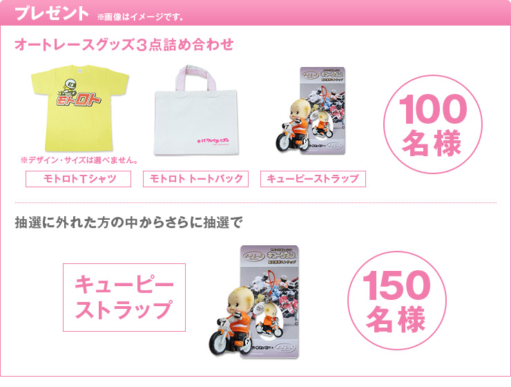 プレゼント ※画像はイメージです。 オートレースグッズ3点詰め合わせ モトロトTシャツ ※デザイン・サイズは選べません。 モトロトトートバック キューピーストラップ 100名様 抽選にはずれた方の中からさらに抽選で キューピーストラップ 150名様