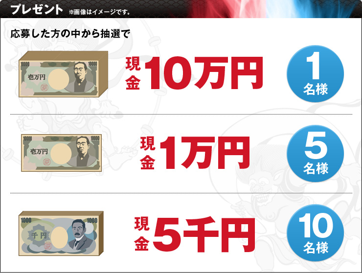 プレゼント ※画像はイメージです。 応募した方の中から抽選で現金10万円 1名様 現金1万円 5名様 現金5千円 10名様