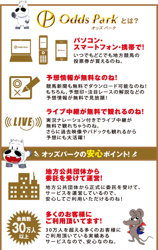 オッズパーク
パソコン・スマートフォン・携帯で！
いつでもどこでも地方競馬の投票券が買えるのね。
予想情報が無料なのね！
競馬新聞も無料でダウンロード可能なのね！
もちろん、予想印・注目レースの解説などの
予想情報が無料で見放題！
ライブ中継が無料で観れるのね！
実況ナレーション付きでライブ中継が無料で観れちゃうのね。
さらに過去映像やパドックも観れるから予想にも大活躍！
オッズパークの安心ポイント！
地方公共団体から委託を受けて運営！
地方公共団体から正式に委託を受けて、
サービスを運営しているので、
安心してご利用いただけるのね！
多くのお客様にご利用頂いてます！
30万人を超える多くのお客様にご利用頂いている実績ある
サービスなので、安心なのね。