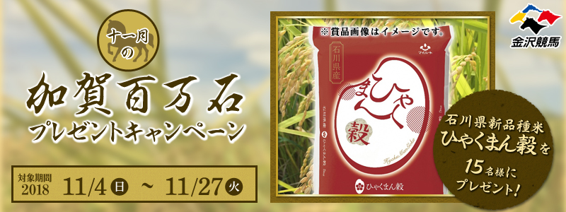 【金沢競馬】十一月の加賀百万石プレゼントキャンペーン　対象期間　2018年11月4日（日）～11月27日（火）　石川県新品種米ひゃくまん穀を15名様にプレゼント！　※賞品画像はイメージです。