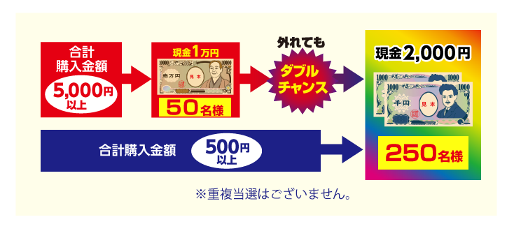 プレゼントの抽選は以下の順番にて行います。1.合計5,000円以上購入された方の中から、現金1万円の当選者50名様を抽選で決定いたします。2.上記1の抽選で外れた方と、合計500円以上購入された方とを合わせて、現金2,000円の当選者250名様を抽選で決定いたします。※重複当選はございません。