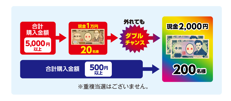 プレゼントの抽選は以下の順番にて行います。1.合計5,000円以上購入された方の中から、現金1万円の当選者20名様を抽選で決定いたします。2.上記1の抽選で外れた方と、合計500円以上購入された方とを合わせて、現金2,000円の当選者200名様を抽選で決定いたします。※重複当選はございません。