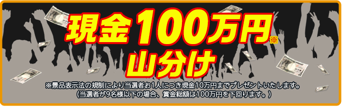 現金100万円※山分け ※景品表示法の規制により当選者お1人につき現金10万円までプレゼントいたします。(当選者が9名様以下の場合、賞金総額は100万円を下回ります。)