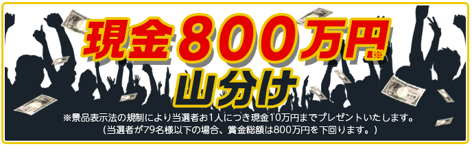 現金800万円山分け ※景品表示法の規制により当選者お1人につき現金10万円までプレゼントいたします。 (当選者が79名様以下の場合、賞金総額は800万円を下回ります。)