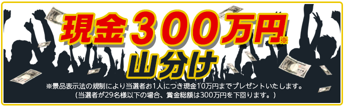 現金300万円山分け ※景品表示法の規制により当選者お1人につき現金10万円までプレゼントいたします。 (当選者が29名様以下の場合、賞金総額は300万円を下回ります。)