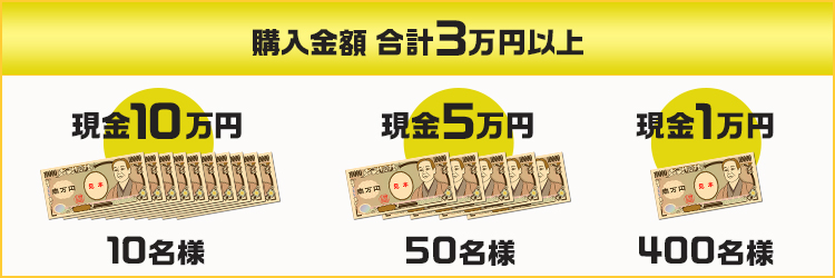 購入金額 合計3万円以上購入 現金10万円 10名様、現金5万円 50名様、現金1万円 400名様