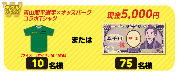 青山周平選手×オッズパークコラボTシャツ 10名様 【サイズ:Lサイズ、色:緑色】 または 現金5,000円 75名様