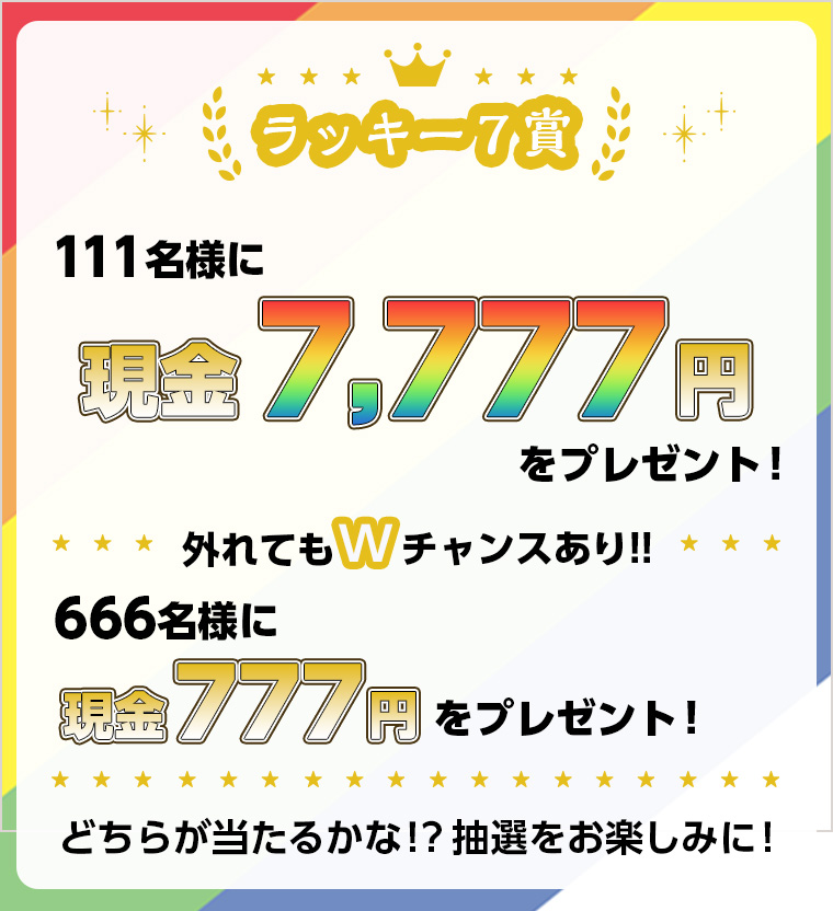 ラッキー7賞 111名様に現金7,777円をプレゼント! 外れてもWチャンスあり!666名様に現金777円をプレゼント! どちらが当たるかな!?抽選をお楽しみに!