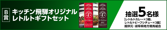 B賞 キッチン飛騨オリジナルレトルトギフトセット 抽選5名様 【レトルトカレー×3箱、レトルトビーフシチュー×3箱】 提供元:岐阜県地方競馬組合
