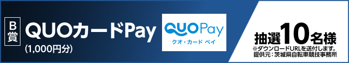 B賞 QUOカードPay(1,000円分) 抽選10名様 提供元:茨城県自転車競技事務所 ※ダウンロードURLを送付します。