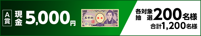 A賞 現金5,000円 各対象抽選200名様 合計1,200名様