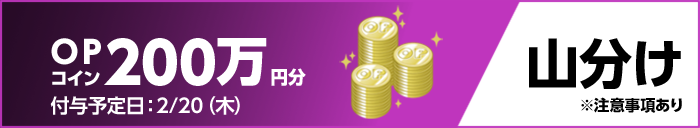 OPコイン200万円分 山分け ※注意事項あり 付与予定日:2/20(木)