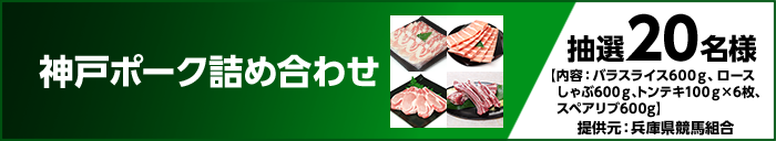 神戸ポーク詰め合わせ 抽選20名様 【内容:バラスライス600g、ロースしゃぶ600g、トンテキ100g×6枚、スペアリブ600g】 提供元:兵庫県競馬組合