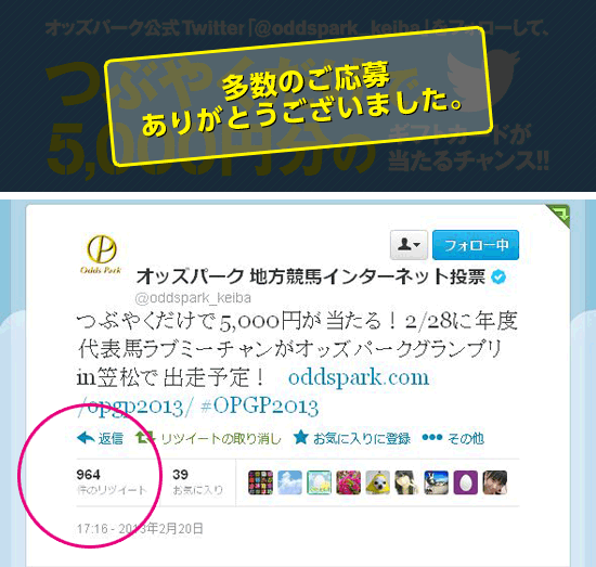 オッズパーク公式Twitter「@oddspark_keiba」をフォローして、つぶやくだけで、5,000円分のギフトカードが当たるチャンス!!