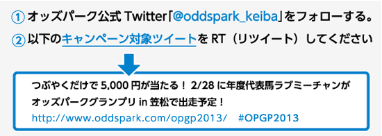 (1)オッズパーク公式Twitter「@oddspark_keiba」をフォローする。(2)以下のキャンペーン対象ツイートをRT(リツイート)してください。つぶやくだけで当たる!2/28に年度代表馬ラブミーチャンがオッズパークグランプリin笠松で出走予定!http://www.oddspark.com/opgp2013/ #OPGP2013
