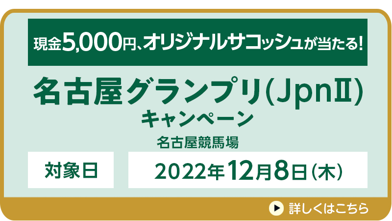 【名古屋競馬】名古屋グランプリ（JpnII）キャンペーン　対象日　2022年12月8日（木）　現金5,000円、オリジナルサコッシュが当たる！　対象場　名古屋競馬場