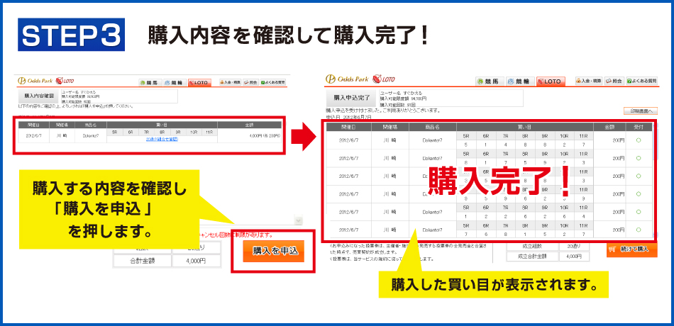 STEP3　購入内容を確認して購入完了！購入する内容を確認し「購入を申込」を押します。⇒購入完了！購入した買い目が表示されます。