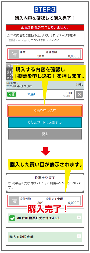 STEP3　購入内容を確認して購入完了！購入する内容を確認し「投票を申し込む」を押します。⇒購入完了！購入した買い目が表示されます。